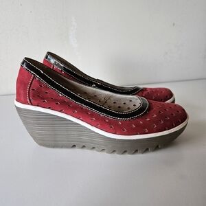 Fly London Yika Brick Perforated Leather Wedges Size red 38